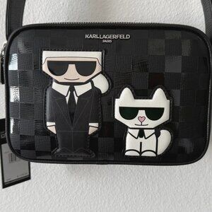 Karl Lagerfeld Paris Maybelle Camera Checkered Pattern Crossbody Bag Black